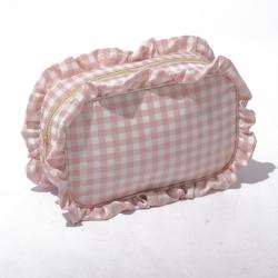 Women Designer Wholesale Custom Logo Weekly Ideas Spring Portable Gingham Cosmetic Pouch Toiletry Bag Ruffle Cosmetic Bag