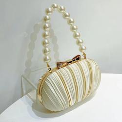 New Arrival Wrinkle Clutch Bag Handbag Party Bride Wedding Purse Apricot Pleated Pearl Chain Satin evening bag 2024 For Women