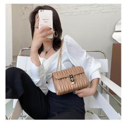 2021 New  Pleated Ladies' Bag Solid Color Luxury Shoulder Bag Fashion Chain Small Thread Square Zipper Bag With Lock