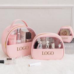 Custom Logo fashion makeup bag pu leather travelling cosmetic bag for women transparent pvc clear toiletry bag