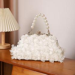 New flower bead embroidered ladies white embroidered pearl handbag banquet bridal wedding handbag evening bags