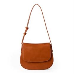 Customized LOGO Brown Handbag Pu Leather Adjustable Strap Shoulder Simple Half Round Flap Saddle Bag Ladies