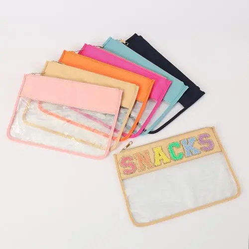 DIY Chenille Letter Travel Simple Waterproof Sun Glasses Zipper Pouch Preppy Plastic Plain Makeup Bag Clear Cosmetic Bag