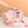Custom Logo Double Layer Make up Pouch pu leather soft travel organizer beige cosmetic bag