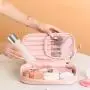 Custom Logo Double Layer Make up Pouch pu leather soft travel organizer beige cosmetic bag