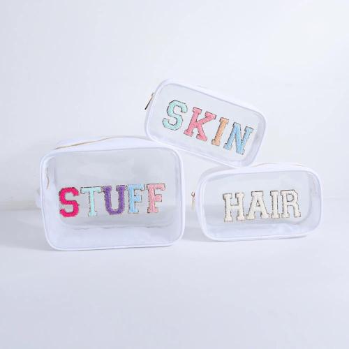 Keymay Popular Embroidery Chenille Letter Patches Travel Organizer Bag Waterproof Pvc Cosmetic Bag Clear Makeup Zipper Bag