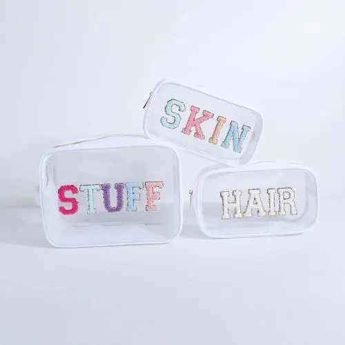 Keymay Popular Embroidery Chenille Letter Patches Travel Organizer Bag Waterproof Pvc Cosmetic Bag Clear Makeup Zipper Bag