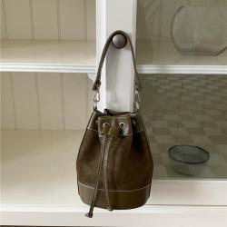 Faux suede Joining PU Bucket bag 2023 autumn casual Drawstring Ruffles cylinder Small crossbody bag for women