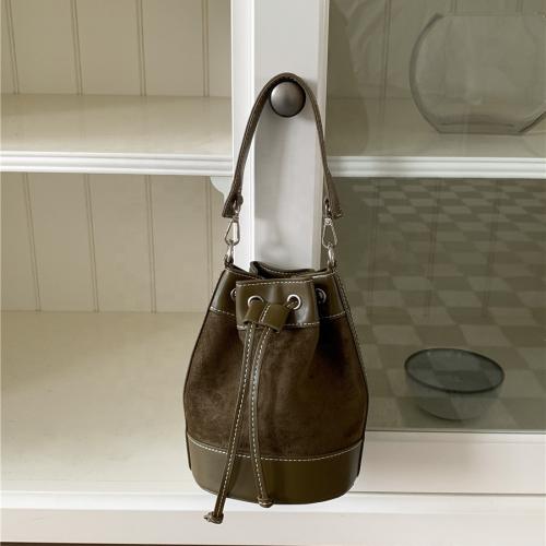 Faux suede Joining PU Bucket bag 2023 autumn casual Drawstring Ruffles cylinder Small crossbody bag for women
