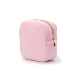 Wholesale Custom Logo Embroidery DIY Letter Patched Fluffy Travel Organizer Terry Cloth Cosmetic Bags Pink Velvet Makeup Bag