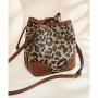 Fashion Winter Messenger Bag Leopard Print Canvas Drawstring Bag Ladies Bucket Tote Handbag Women Office Shoulder Bag Crossbody