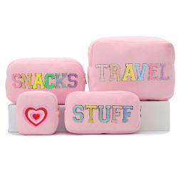 Keymay RTS Christmas Gift Personalized Chenille Letter Patches Winter Velvet Pouch Velvet Cosmetic Bag Terry Cloth Makeup Bag