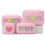 Keymay RTS Christmas Gift Personalized Chenille Letter Patches Winter Velvet Pouch Velvet Cosmetic Bag Terry Cloth Makeup Bag