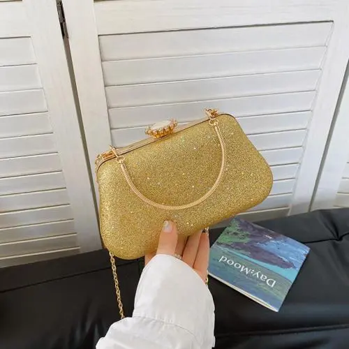 Trend metal handle crossbody bags ladies chain golden rhinestone bags women clutch bag party handbags wholesale