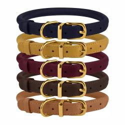 Premium Cowhide Rolled Leather Dog Collar Durable Round Rope Collars for Small Medium Large Dogs Puppy Cat