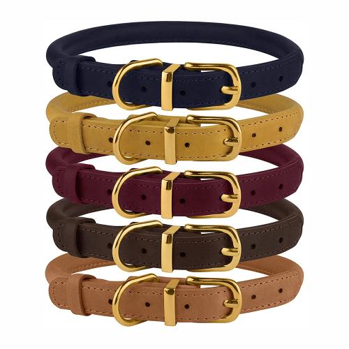Premium Cowhide Rolled Leather Dog Collar Durable Round Rope Collars for Small Medium Large Dogs Puppy Cat