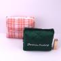 Custom Logo Printing Check Cotton Zipper Travel Portable Cosmetic Brush Makeup Bag Luxury Satin Cosmetic Pouch