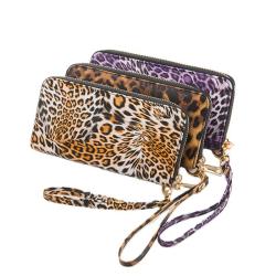 women long leopard leather Print wallet ladies clutch purse bag with handle