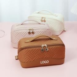 Custom Logo large capacity pu leather quilted makeup bag travelling storage cosmetic pouch bag for women girls