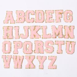 Stock Pink Multi Color A-Z Alphabet Embroidery Patch For Clothing Bag Upgrade Self Adhesive Cute Gold Glitter Chenille Patches