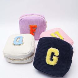 Keymay Popular High Quality Gold Zipper Portable Winter Cute Girls Corduroy Travel Bag Makeup Bag Corduroy Women Cosmetic Bag