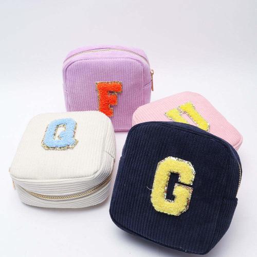 Keymay Popular High Quality Gold Zipper Portable Winter Cute Girls Corduroy Travel Bag Makeup Bag Corduroy Women Cosmetic Bag