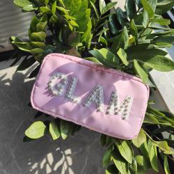 Customization Makeup Chenille GLAM Purses Pearl Letter Patch Sewn Wedding Gift Toiletry Cosmetic Bags Nylon Travel Pouch