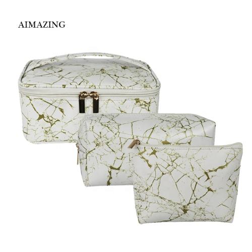 White Luxury Cosmetic Organizer 3 Piece Makeup Bag Makeup Bags And Boxes 3 Pic Set Bag Beauty Silk Logo Marble Make Up Pouch
