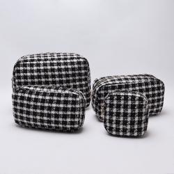 New Trendy Customize Portable Plaid Cloth Mini Zipper Stand Up Accessories Toiletry Bags Travel Makeup Bag Tweed Cosmetic Pouch