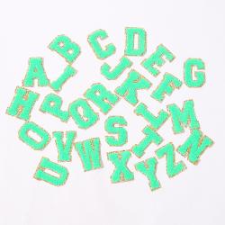 Stock Neon Green with Gold Border English Letter A-Z Iron On Adhesive Repair Alphabet Sewing Appliques Clothing Chenille Patch