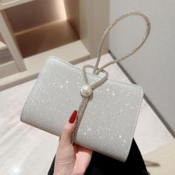 Luxury sparkling women's wrist clutch bag evening bags dress party silver evening bags crystal pearl handbag