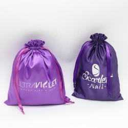 Custom luxury  silk wigs packing dust bags quality drawstring gift bag for cosmetic jewellery lingerie handbags hair satin pouch