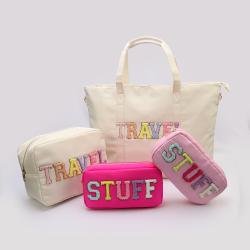 Low MOQ New Style Personalized Chenille Embroidered Letters TRAVEL SNACKS Tote Bag Makeup Cosmetic Bag Nylon Pink Clear Pouch