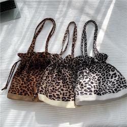 Wholesale women's creative casual rope frilly shopping bag fashion leopard print single shoulder bag nylon patchwork canvas tote