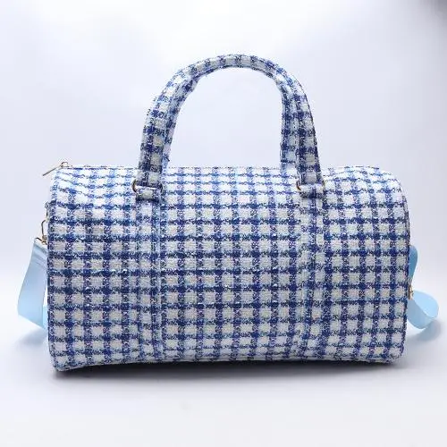 Customizable Women Men Blue Tweed Gym Sports Handbag Custom Logo Design Weekender Duffel Classic Carry On Travel  Duffle Bag