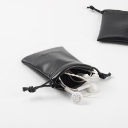 Hot Sale Emboss Logo Phone Charger Leather Waterproof Drawstring Storage Bag Mini Black Leather Gift Pouch