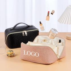 Custom Design Luxury PU Leather Women Portable Travel Makeup Bag With Handle Flat Lay Makeup Organizer Cosmetic Bags