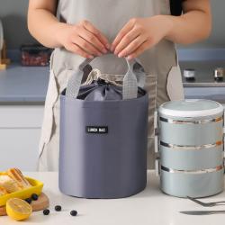 New Arrivals Portable Folding Oxford Lunch Bag Insulated Bucket Bag Round Food Carry Bag With Handle For Adults And Kids