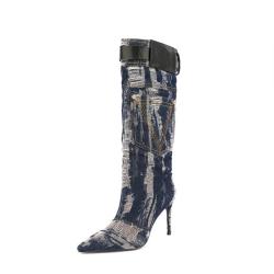 Bottes Femme Ladies Autumn Winter Wellington Boots Pointy Toe Stiletto Heels Stylish Long Boots Women Denim Knee High Boots