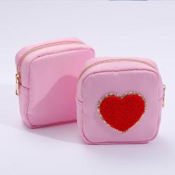 Wholesale Solid Color Stock No MOQ Fashion Cute Pink Custom Logo Letter Patches Nylon Small Pouch Cosmetic Pouch