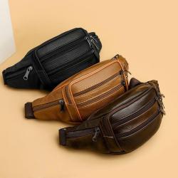 Genuine leather men's sports portable multi compartment cowhide waist bag