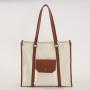 Custom Beige Cream Low MOQ Leather Trim Front Pockets for Women Canvas Personalize Weekender Large Travel Beach Bags and Totes
