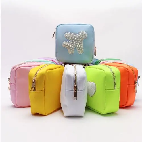 Stock Hot Pink Fashion Embroidery Patches Women Travel Toiletry Makeup Cosmetic Jewelry Cosmetic Bags & Cases Nylon Bags