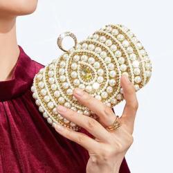 Custom Fashion Womens rhinestone hand bags clutch bridal purse with BIG pearls beads pearl evening party bag sac tendance 2024