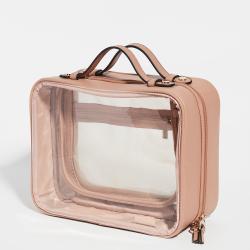 Custom Pink Double Zippers Leather Cosmetic Train Case With PVC Pocket Large Clear Cosmetic Cases for Travel