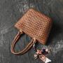 Vintage Summer Beach Woven Genuine Leather Real Cowhide Top Handle Tote Shoulder Bag Crossbody For Women