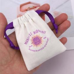 OEM Factory Reusable Custom Logo Printing Brush Canvas Earring Bracelet Storage Bag Small Soft Cotton Drawstring Jewelry Pouch