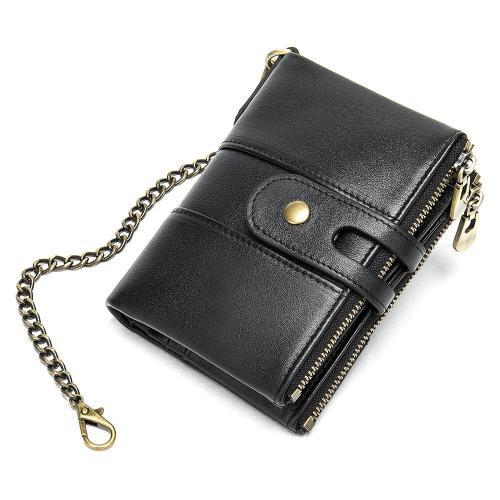 CST-002 Hot Selling Fashion Real Genuine Leather Men Wallet Pocket Card Purse Men Cool Wallet Chain Buckle Type RFID Anti-theft