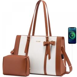 LOVEVOOK 2 Pcs Fashion 15.6inch Shoulder Tote Handbag Purse Business Work Computer Briefcase PU Leather Laptop Bag for Women