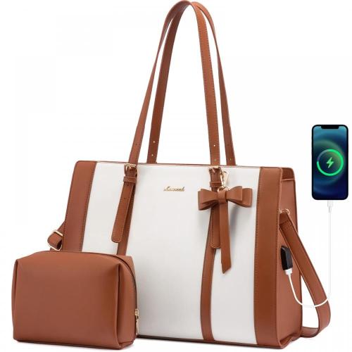 LOVEVOOK 2 Pcs Fashion 15.6inch Shoulder Tote Handbag Purse Business Work Computer Briefcase PU Leather Laptop Bag for Women